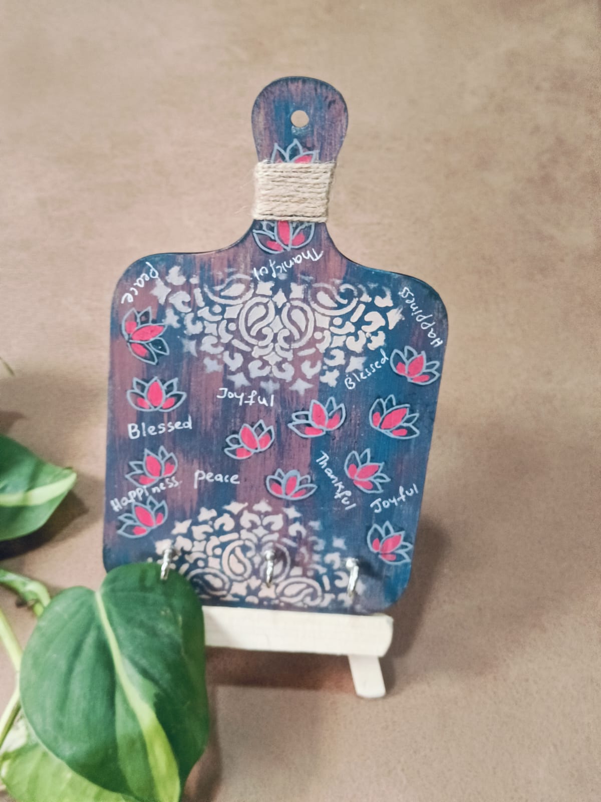 Lotus Motif Hand-Painted Wooden Decor Key Holder.